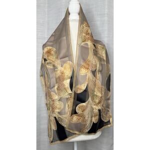 Jones New York Beige Tan Gold Black Paisley Abstract Print Rectangle Scarf